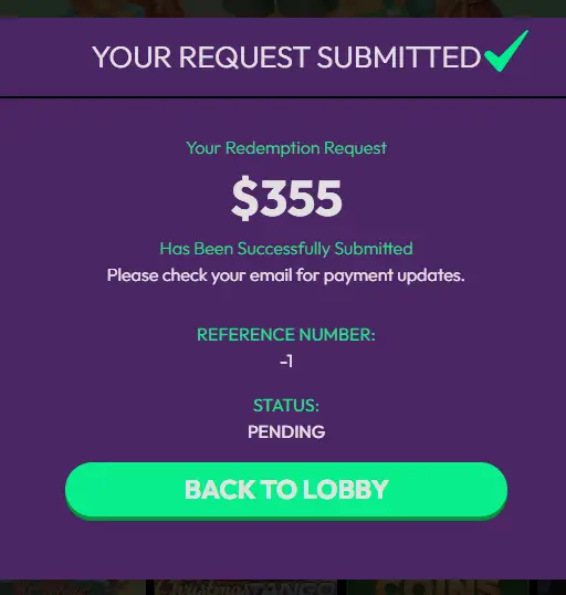 Jackpota Redemption page in progress screenshot