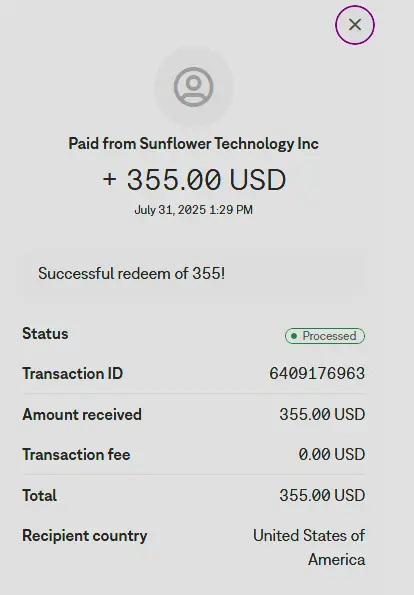 Jackpota redemption proof screenshot of bank deposit.