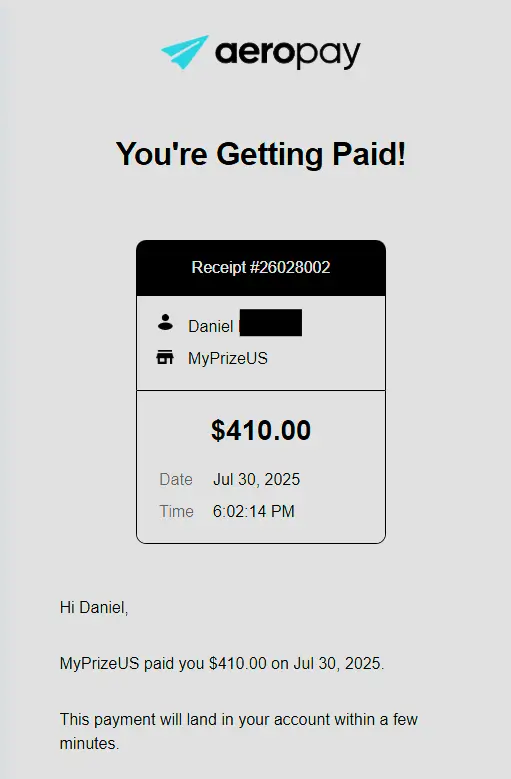 MyPrize US Redemption confirmation page