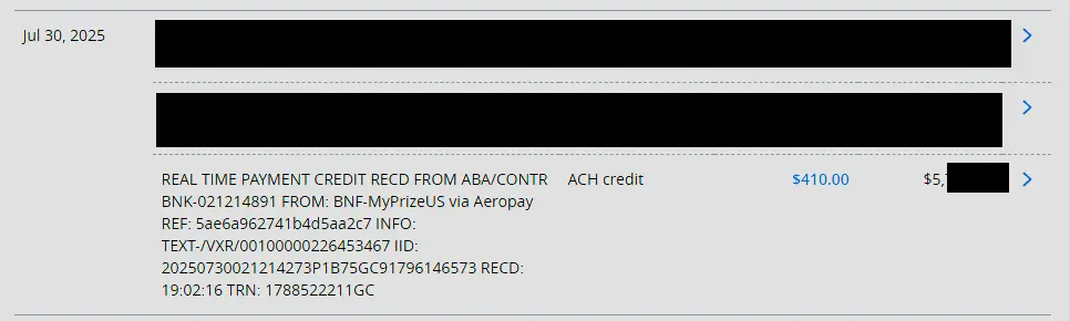 MyPrize US redemption proof screenshot of bank deposit.