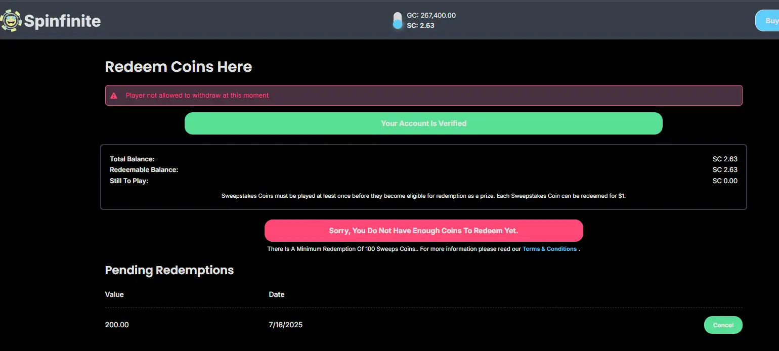 Spinfinite Redemption confirmation screenshot