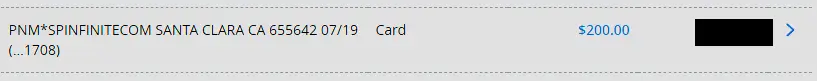 Spinfinite redemption proof screenshot of bank deposit.