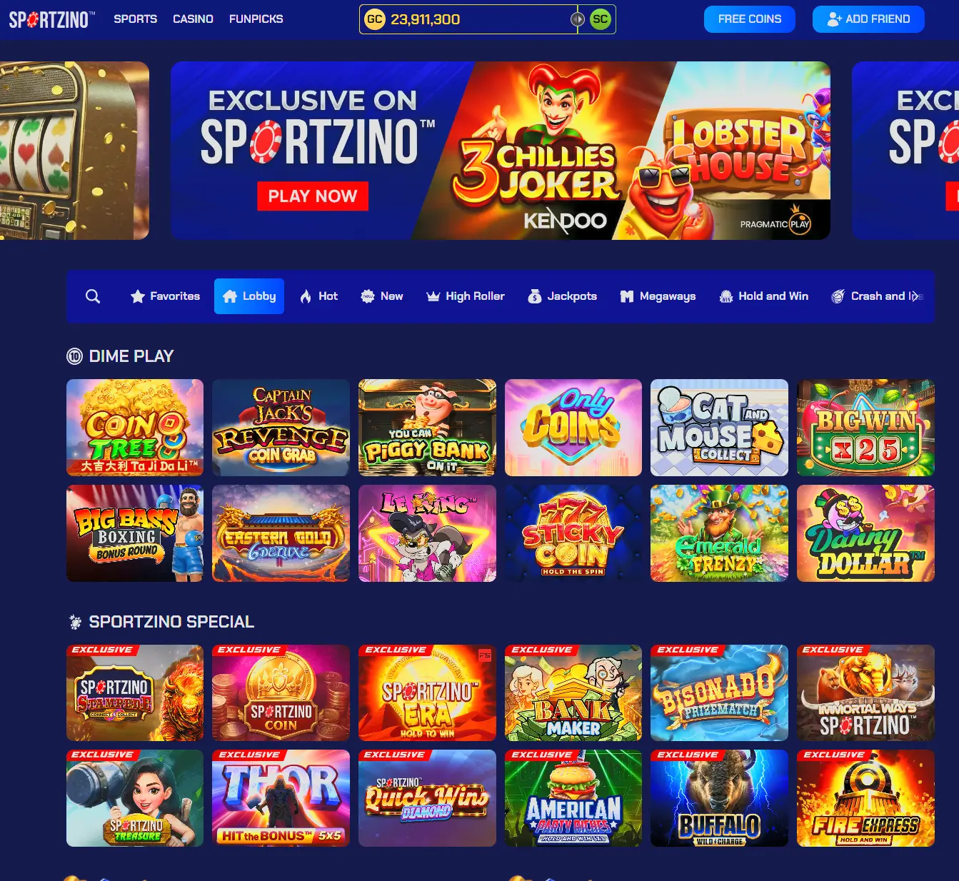 Sportzino.com Games lobby logged into account