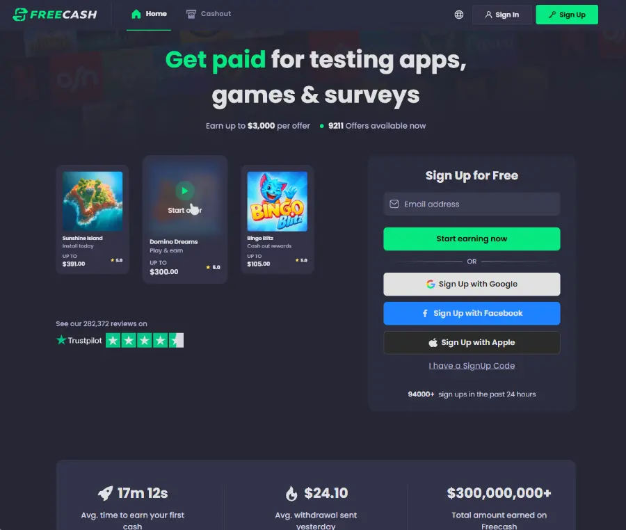 FreeCash.com homepage signup screen