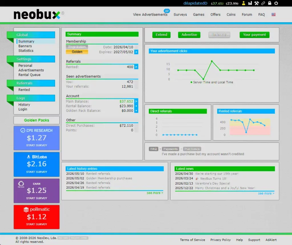 NeoBux.com dashboard with featured tasks, surveys, and offerwalls as you are logged in.