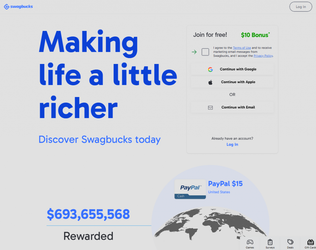 SwagBucks homepage signup screen