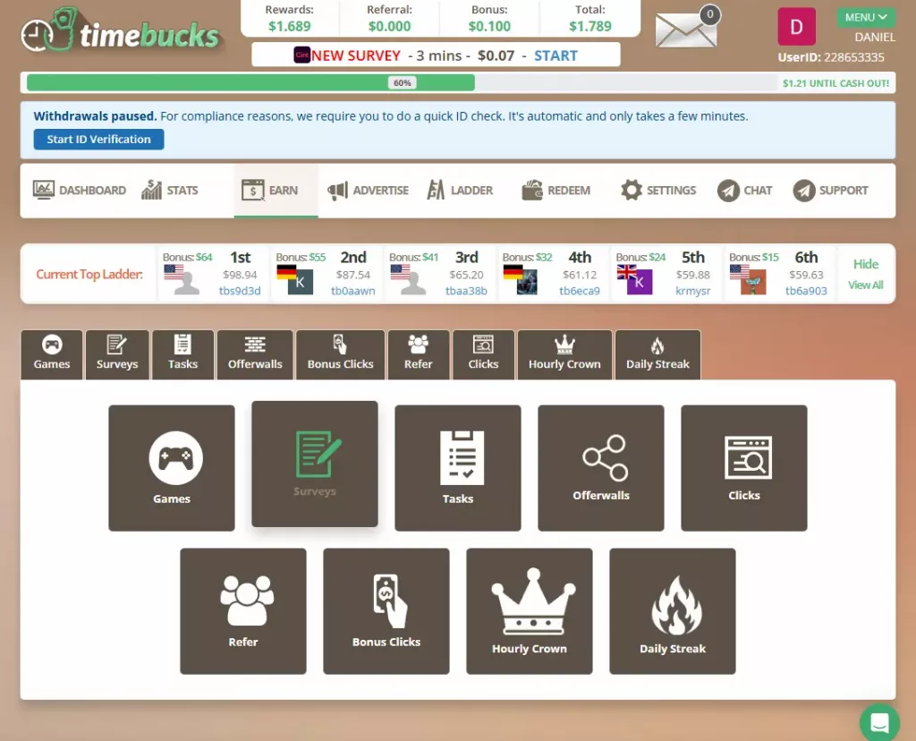 TimeBucks.com dashboard with featured tasks, surveys, and offerwalls as you are logged in.