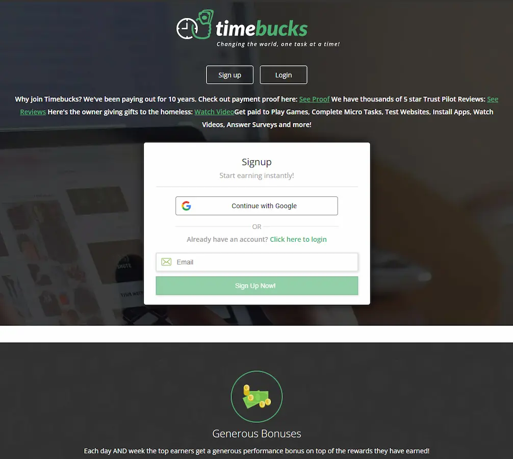 TimeBucks.com homepage signup screen