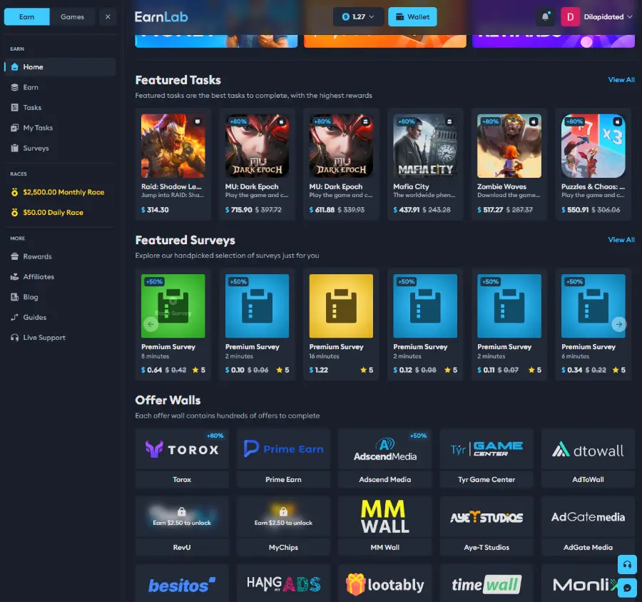 EarnLab dashboard with featured tasks, surveys, and offerwalls