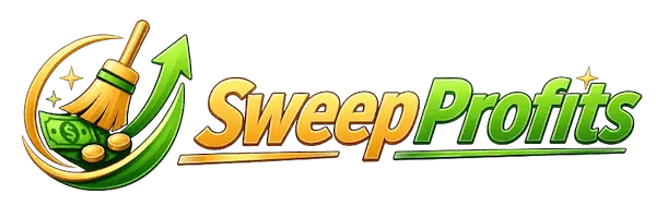 SweepProfits.com transparent background logo, Green and gold with a broom sweeping up Dollar bills and coins "sweeping cash profits"