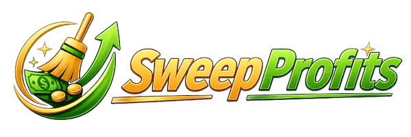 SweepProfits.com transparent background logo, Green and gold with a broom sweeping up Dollar bills and coins "sweeping cash profits"