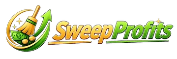 SweepProfits.com transparent background logo, Green and gold with a broom sweeping up Dollar bills and coins "sweeping cash profits"