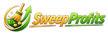 SweepProfits.com transparent background logo, Green and gold with a broom sweeping up Dollar bills and coins "sweeping cash profits"